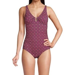 Lands' End Women's 16 Long Pink Purple Floral Modest V-Neck One Piece Swimsuit